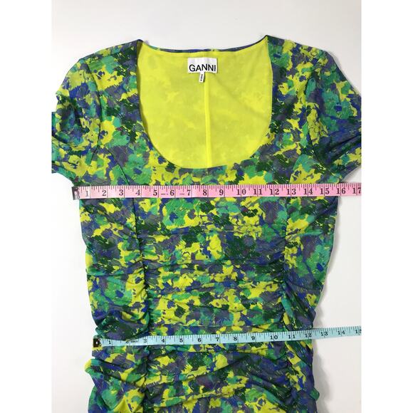 GANNI Ruched Mesh Dress Sulphur Spring Green Yellow Floral Midi 38 Wedding Guest - Picture 12 of 14